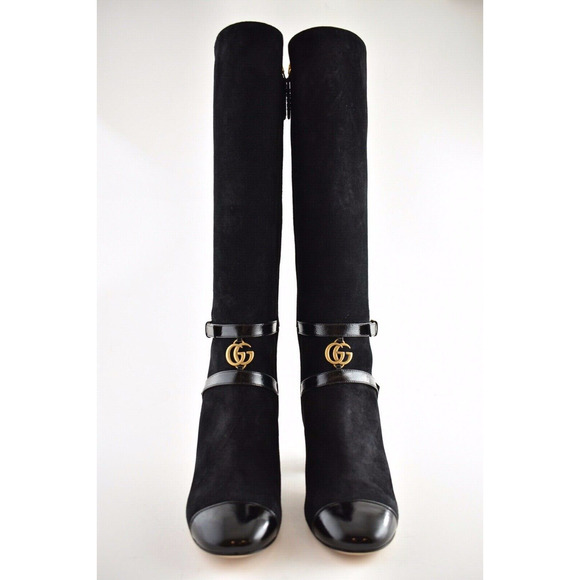 Gucci Geraldine 55 Black Suede Patent GG Gold Logo Low Heel Knee High Boot 35 - Picture 6 of 12